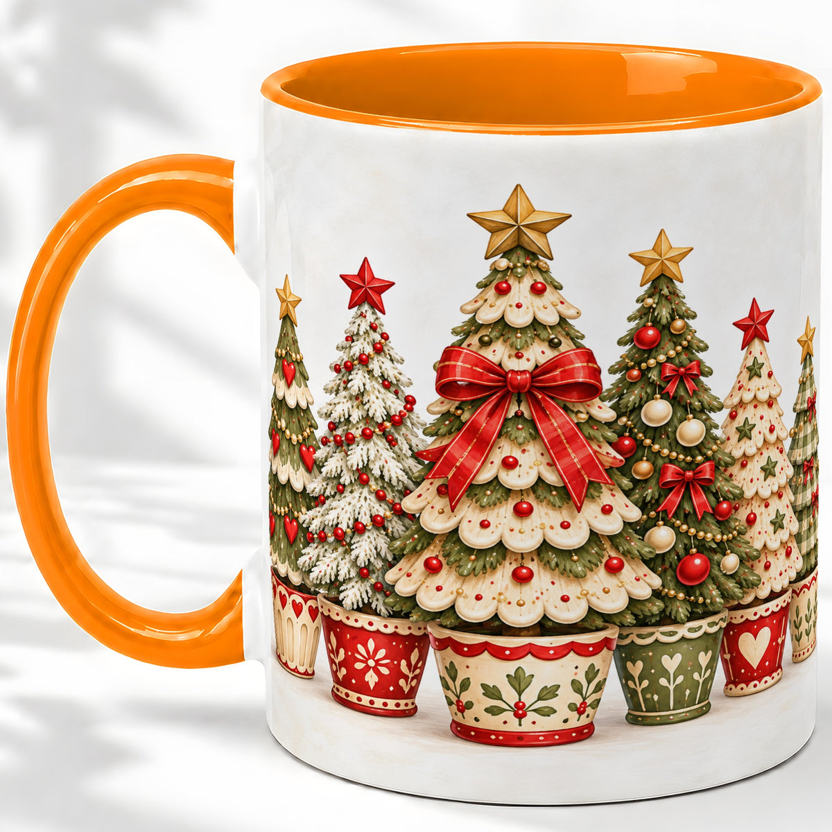 #pl[11oz|Orange] Potted Christmas Trees Accent Mug, Ceramic Holiday Coffee Cup