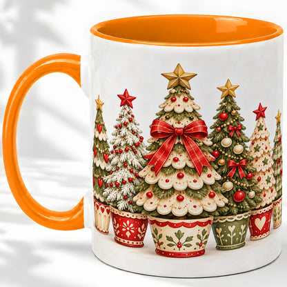 #pl[11oz|Orange] Potted Christmas Trees Accent Mug, Ceramic Holiday Coffee Cup
