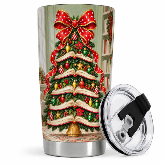 Christmas Book Tree Tumbler, 20oz Stainless Steel Cup for Readers