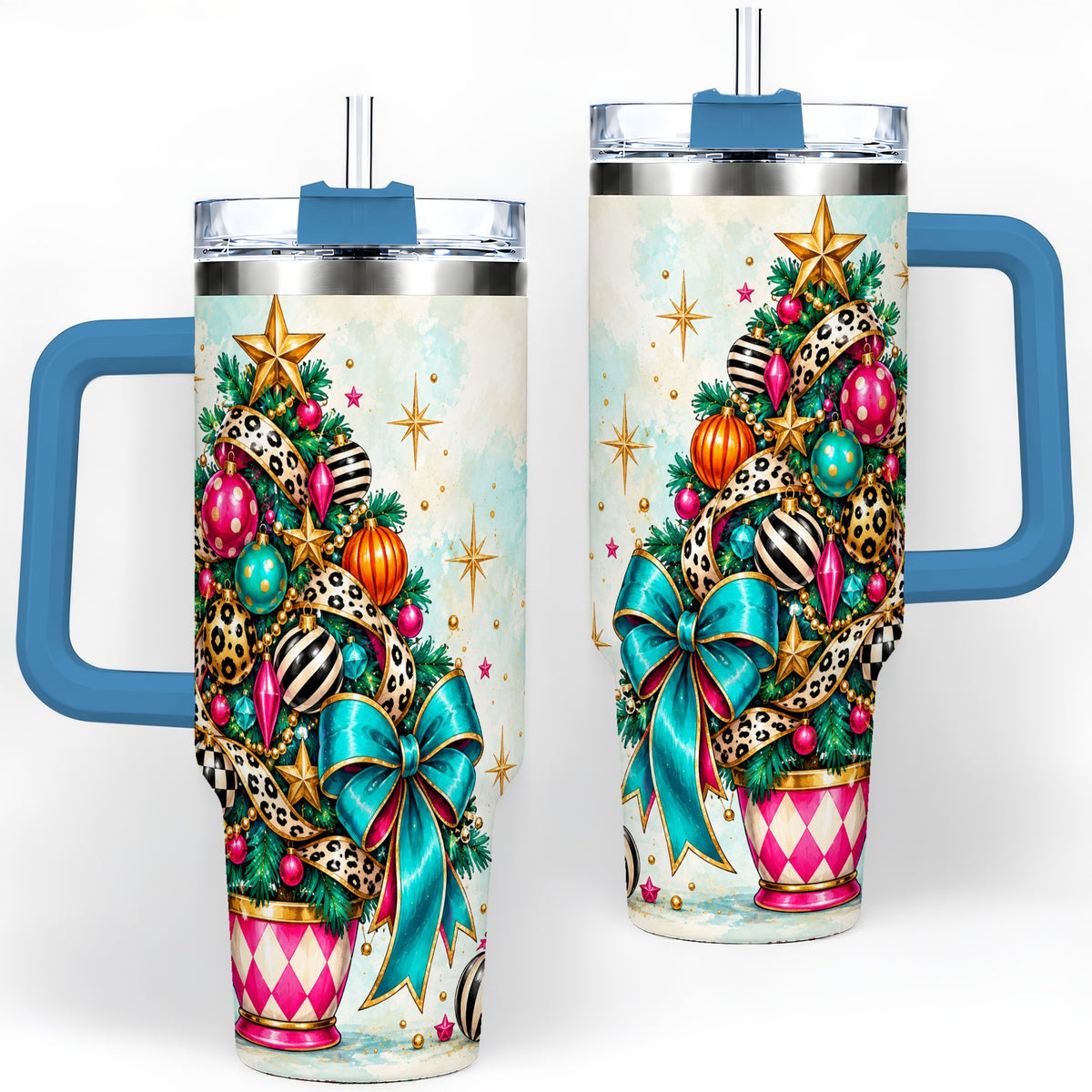 #pl[40oz|Blue] Colorful Christmas Tree Tumbler, 40oz Handled Stainless Steel Cup