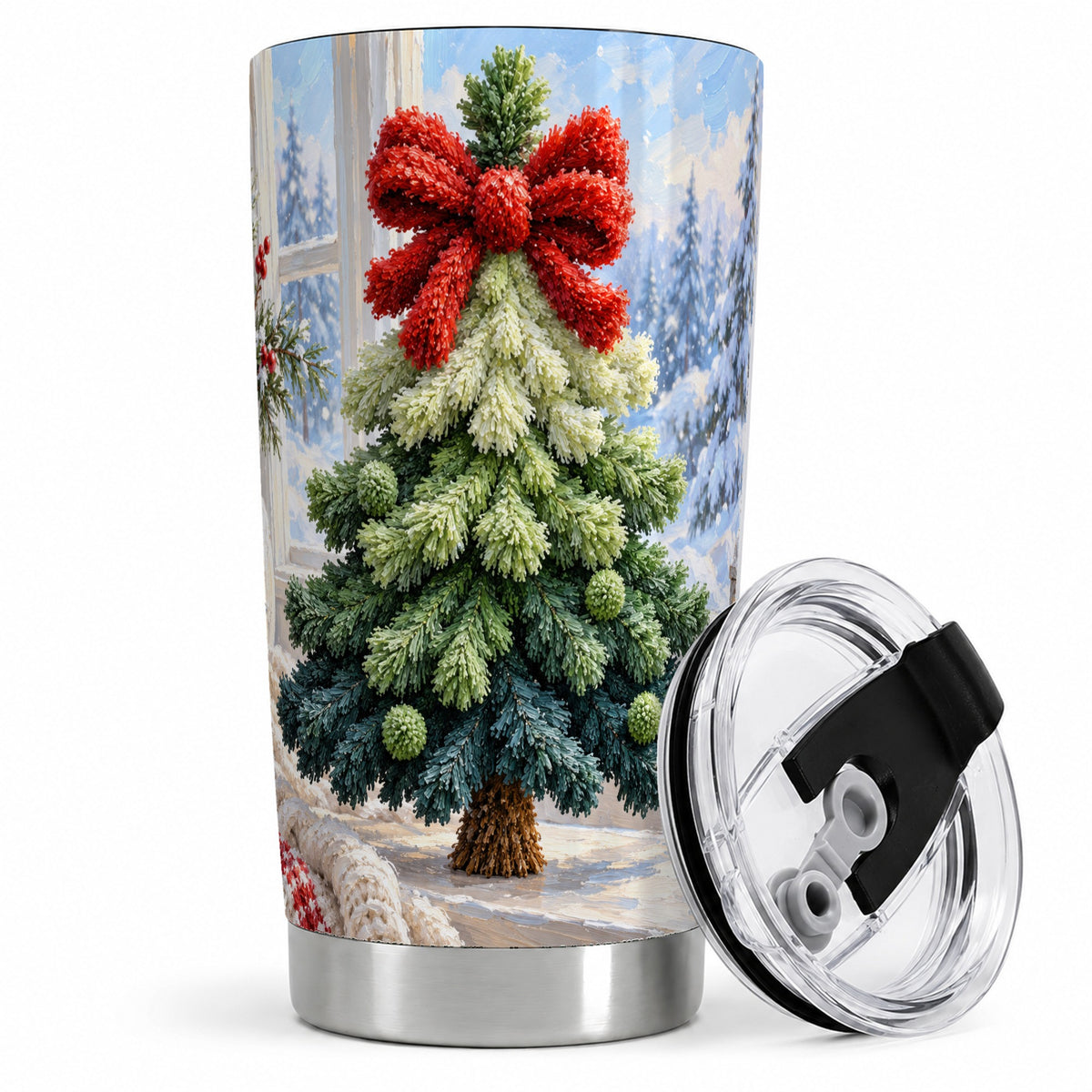 Christmas Tree Tumbler, 20oz Stainless Steel Cup with Red Ribbon Art