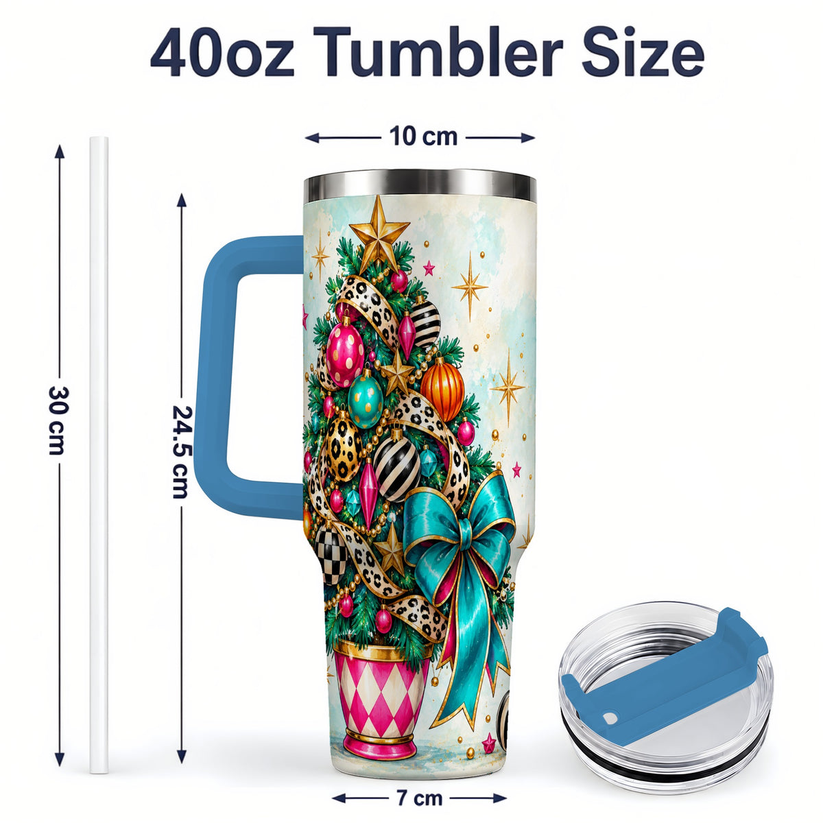 #pl[40oz|Blue] Colorful Christmas Tree Tumbler, 40oz Handled Stainless Steel Cup