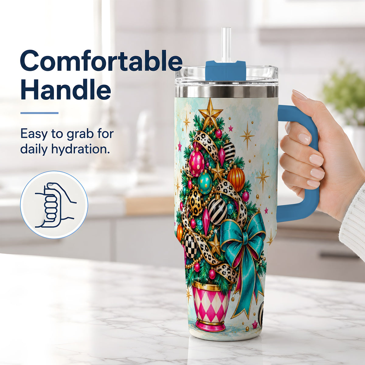 #pl[40oz|Blue] Colorful Christmas Tree Tumbler, 40oz Handled Stainless Steel Cup