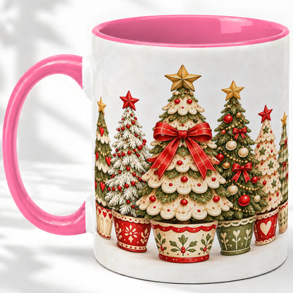 #pl[11oz|Pink] Potted Christmas Trees Accent Mug, Ceramic Holiday Coffee Cup