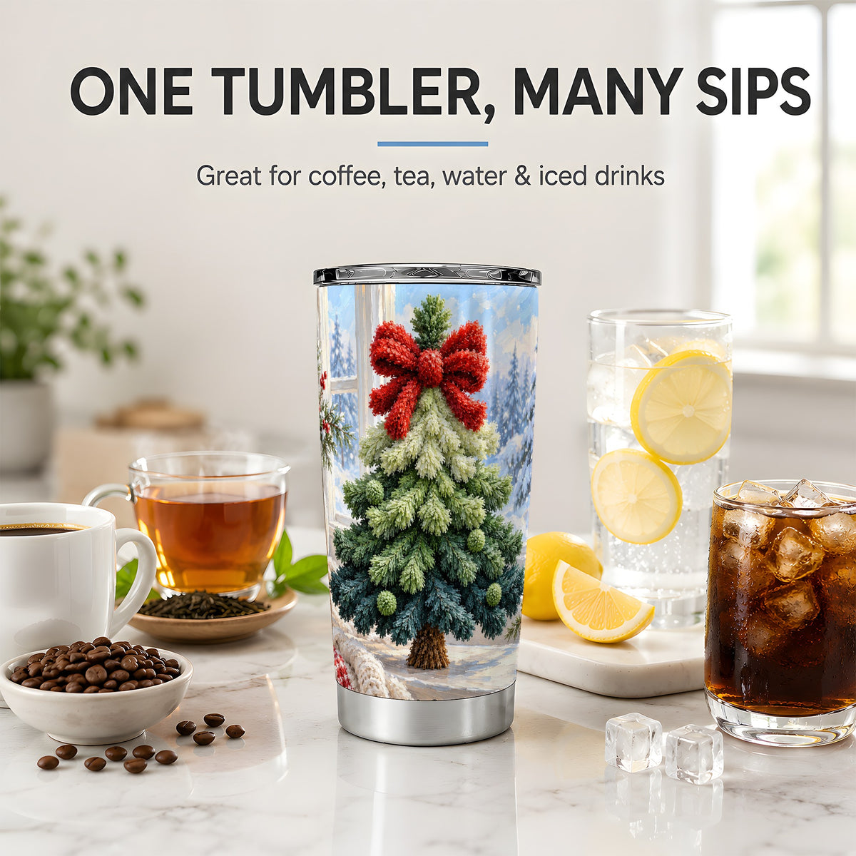 Christmas Tree Tumbler, 20oz Stainless Steel Cup with Red Ribbon Art