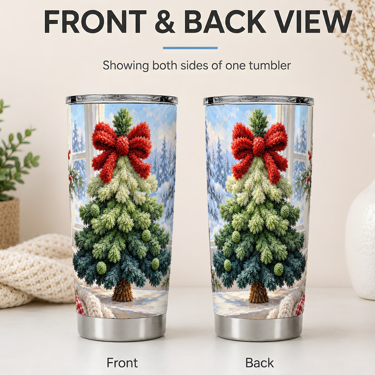 #pl[20oz|Steel] Christmas Tree Tumbler, 20oz Stainless Steel Cup with Red Ribbon Art