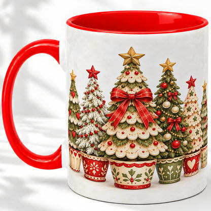 Potted Christmas Trees Accent Mug, Ceramic Holiday Coffee Cup