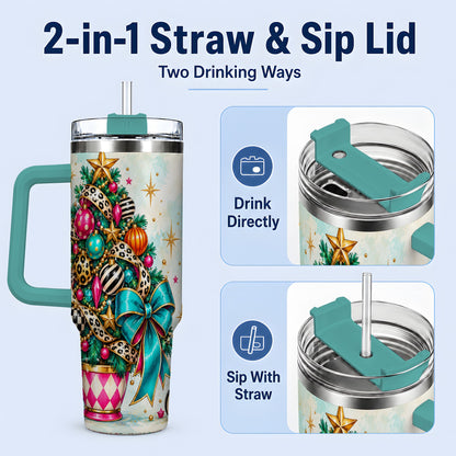 #pl[40oz|Green] Colorful Christmas Tree Tumbler, 40oz Handled Stainless Steel Cup