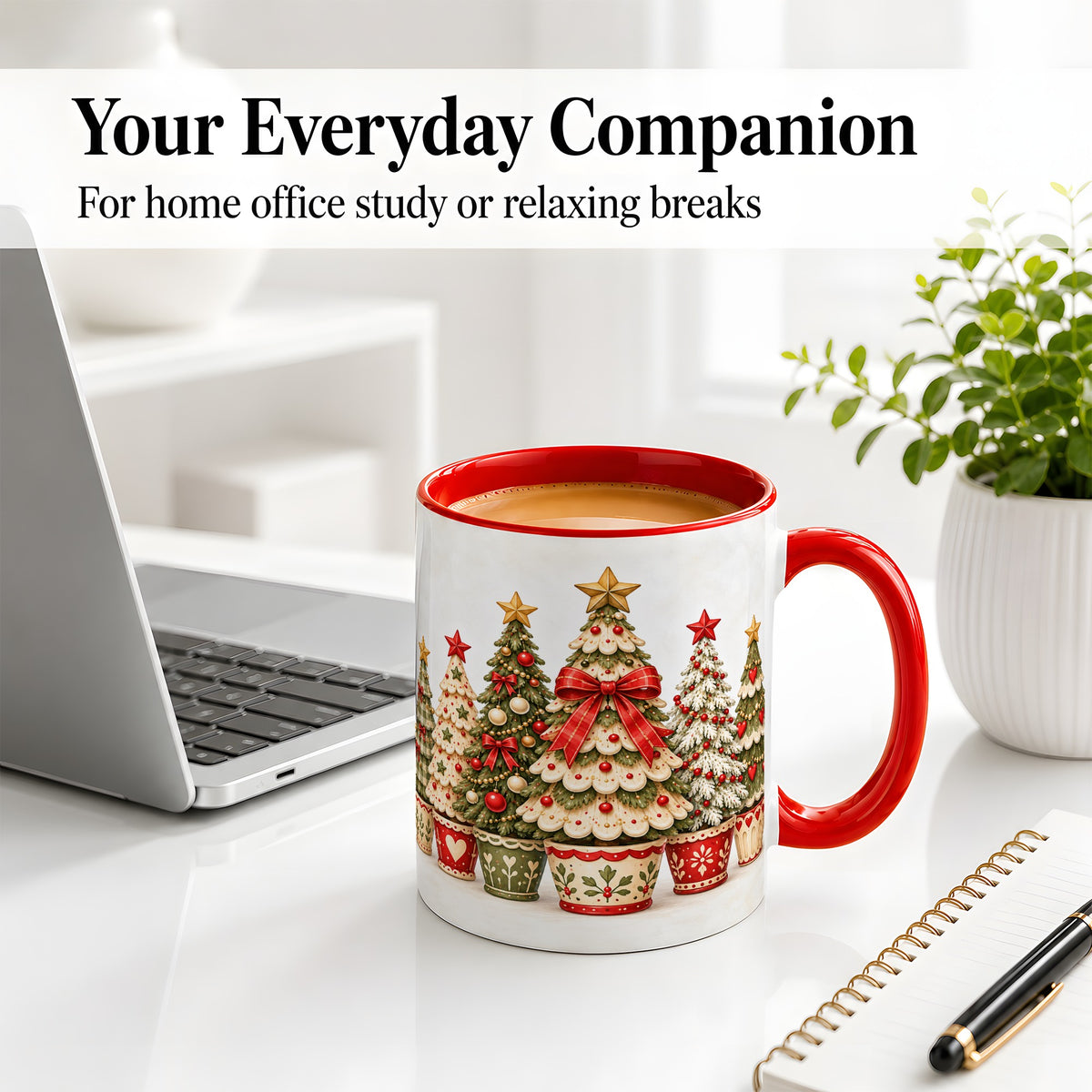 #pl[11oz|Red] Potted Christmas Trees Accent Mug, Ceramic Holiday Coffee Cup