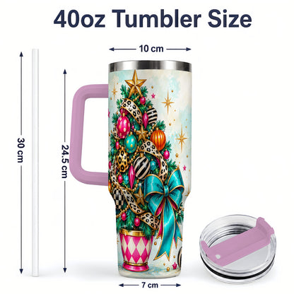 #pl[40oz|Pink] Colorful Christmas Tree Tumbler, 40oz Handled Stainless Steel Cup