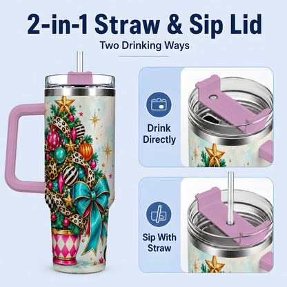 #pl[40oz|Pink] Colorful Christmas Tree Tumbler, 40oz Handled Stainless Steel Cup