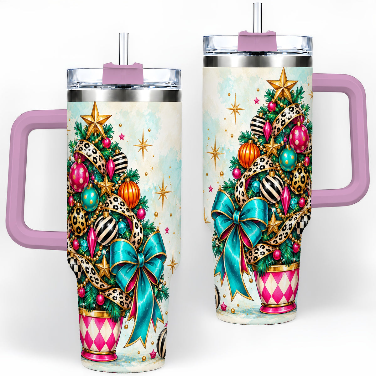 #pl[40oz|Pink] Colorful Christmas Tree Tumbler, 40oz Handled Stainless Steel Cup