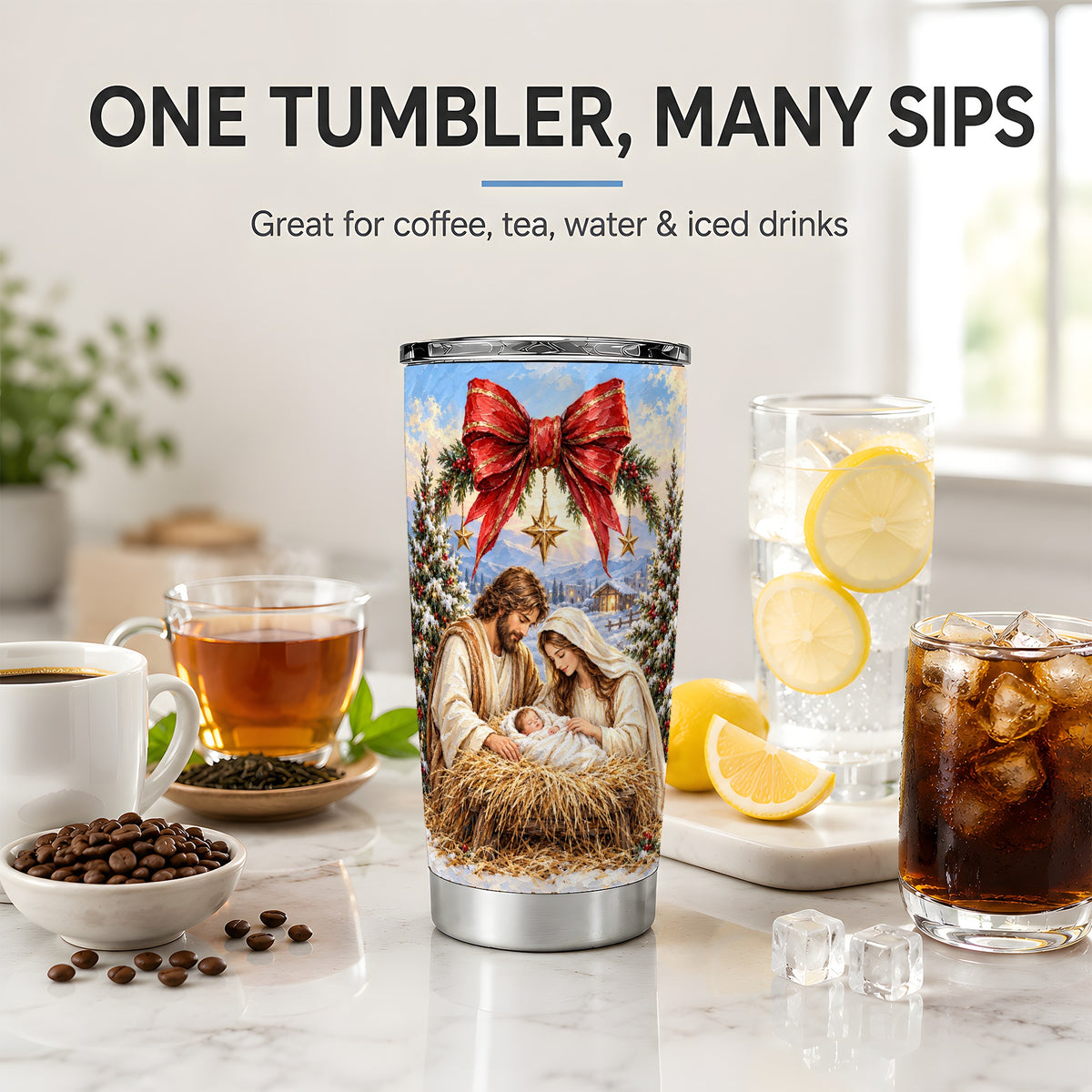Christmas Nativity Tumbler, 20oz Stainless Steel Cup with Manger Art