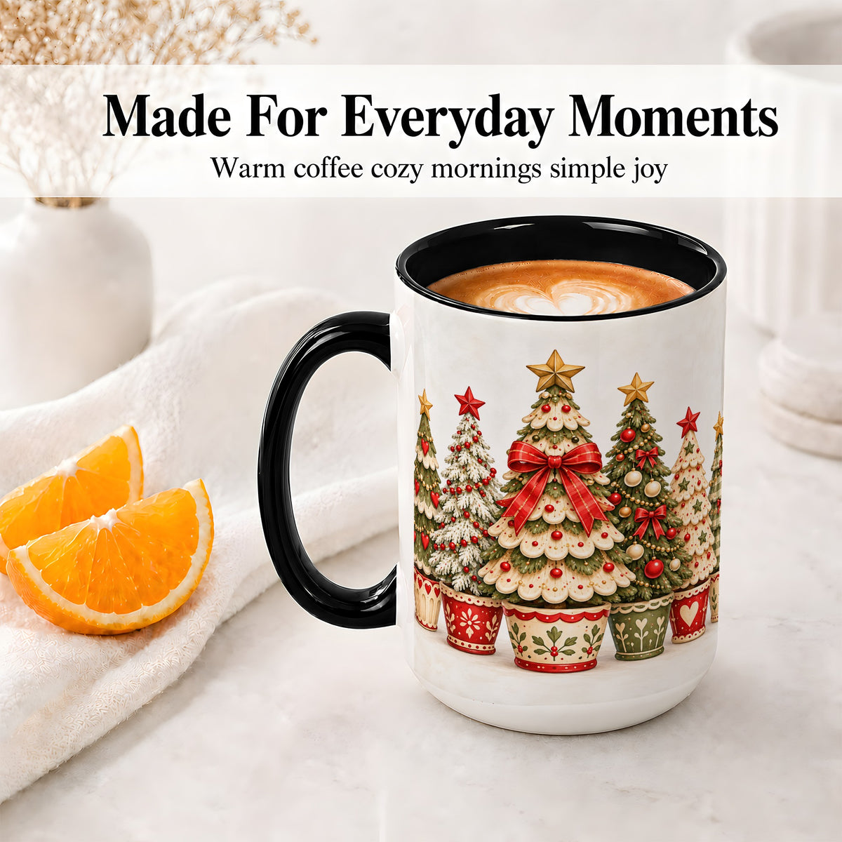 #pl[15oz|Black] Potted Christmas Trees Accent Mug, Ceramic Holiday Coffee Cup
