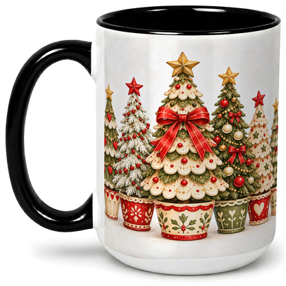 #pl[15oz|Black] Potted Christmas Trees Accent Mug, Ceramic Holiday Coffee Cup