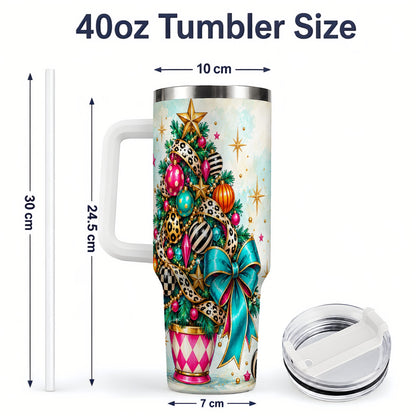 #pl[40oz|White] Colorful Christmas Tree Tumbler, 40oz Handled Stainless Steel Cup
