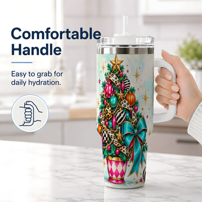 #pl[40oz|White] Colorful Christmas Tree Tumbler, 40oz Handled Stainless Steel Cup