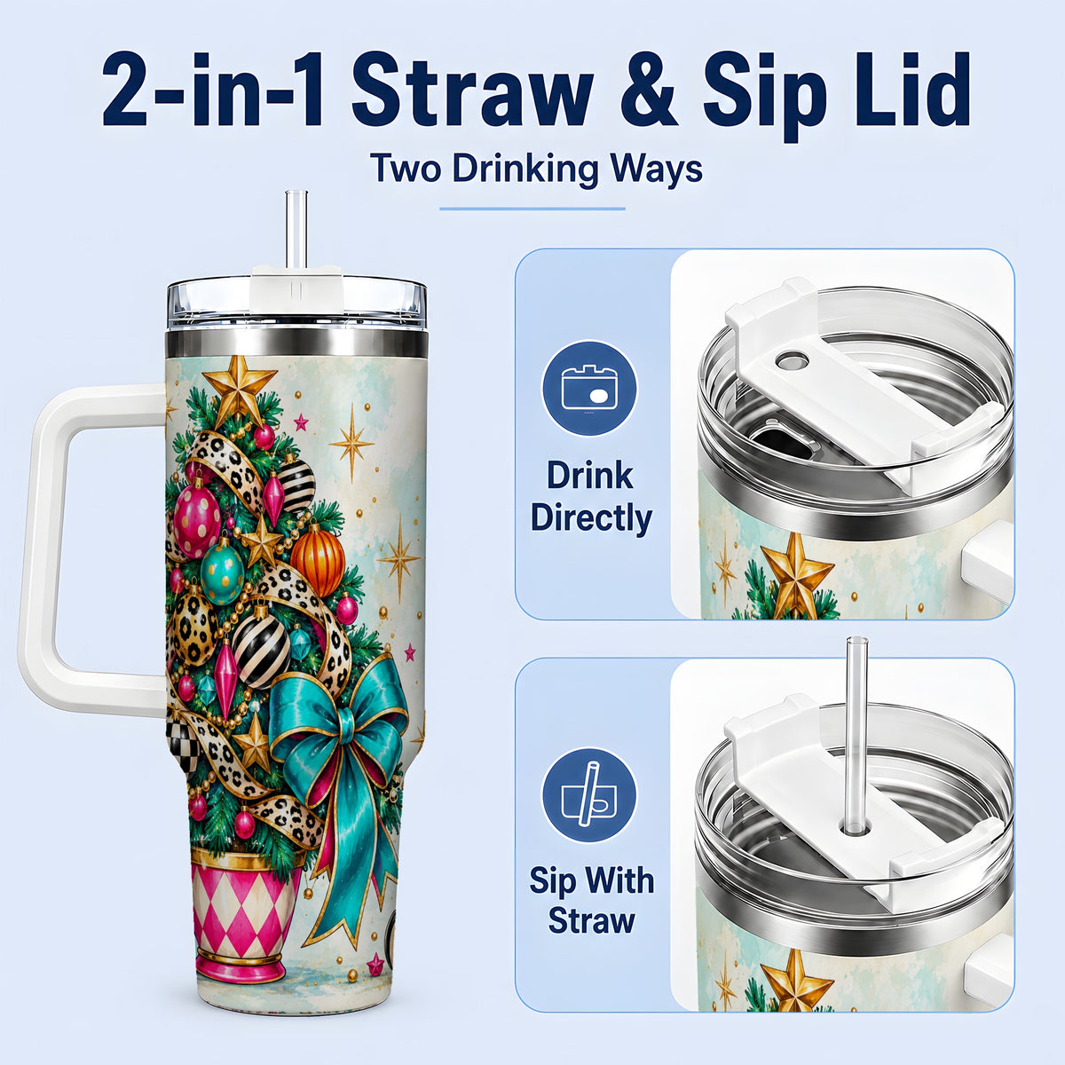 #pl[40oz|White] Colorful Christmas Tree Tumbler, 40oz Handled Stainless Steel Cup