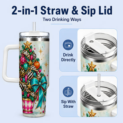 #pl[40oz|White] Colorful Christmas Tree Tumbler, 40oz Handled Stainless Steel Cup