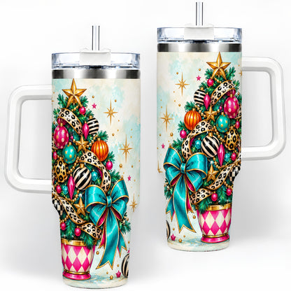 Colorful Christmas Tree Tumbler, 40oz Handled Stainless Steel Cup
