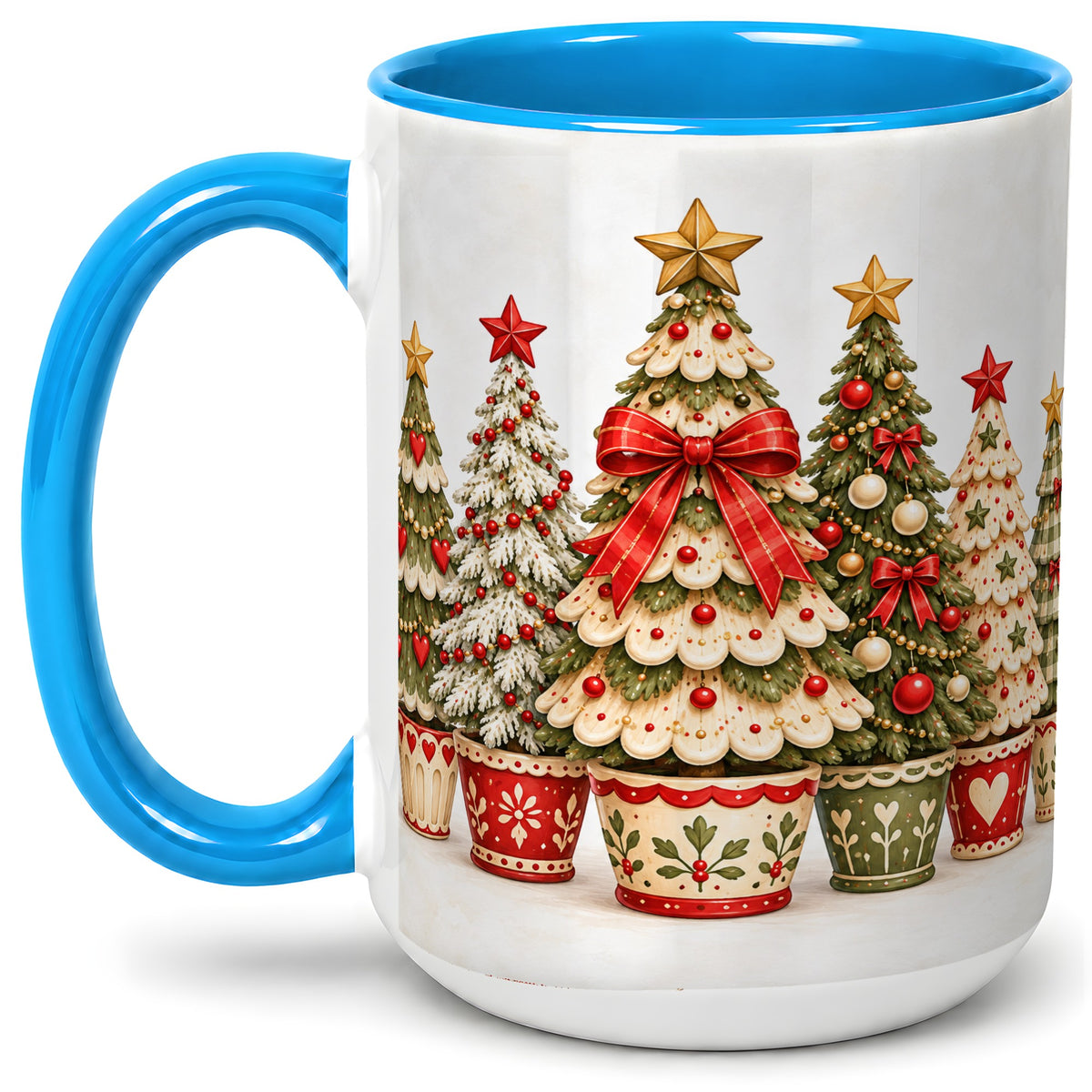 #pl[15oz|Blue] Potted Christmas Trees Accent Mug, Ceramic Holiday Coffee Cup