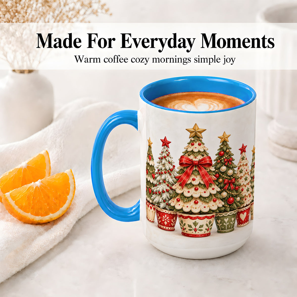 #pl[15oz|Blue] Potted Christmas Trees Accent Mug, Ceramic Holiday Coffee Cup