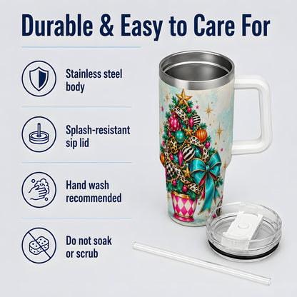 Colorful Christmas Tree Tumbler, 40oz Handled Stainless Steel Cup