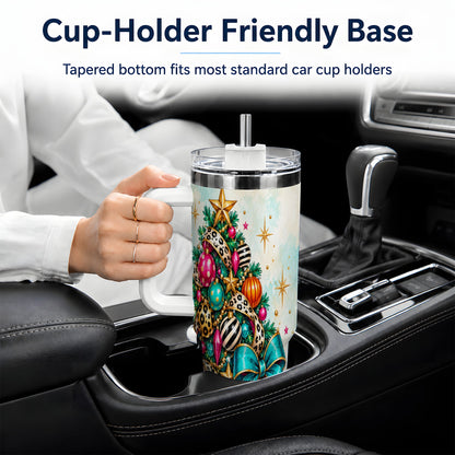 Colorful Christmas Tree Tumbler, 40oz Handled Stainless Steel Cup