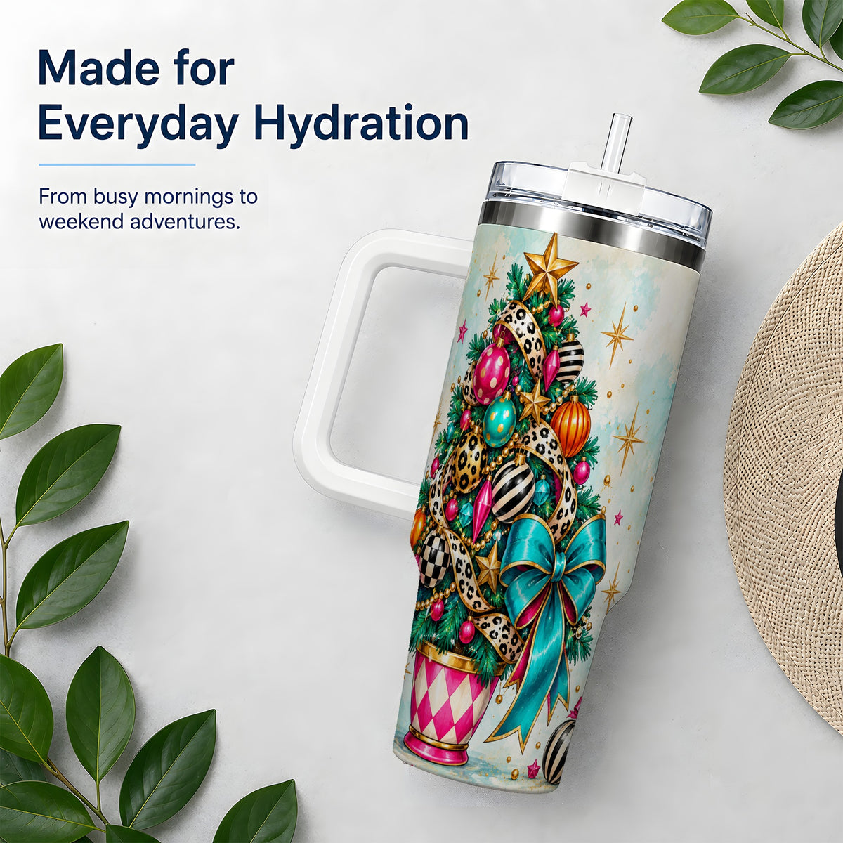 Colorful Christmas Tree Tumbler, 40oz Handled Stainless Steel Cup