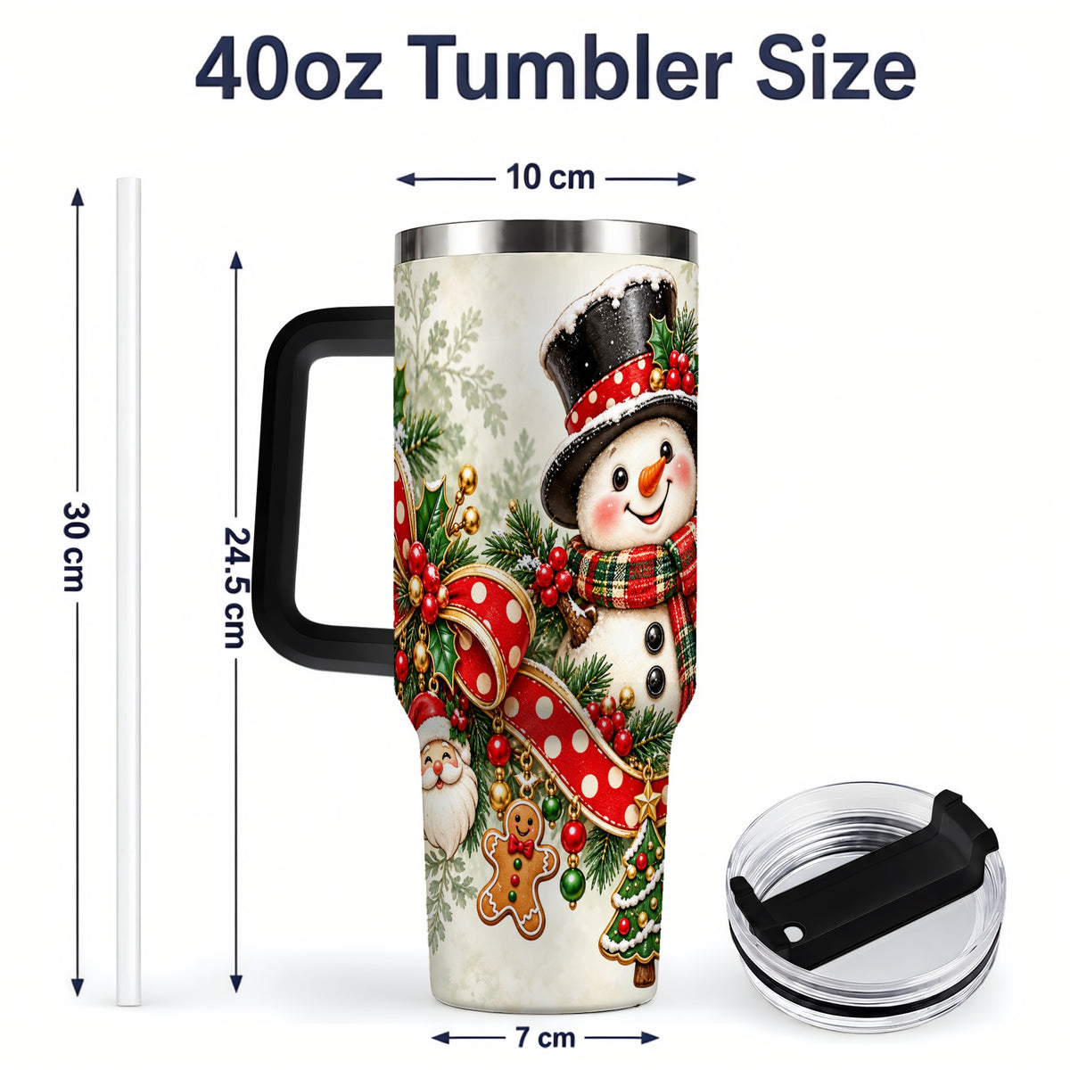 #pl[40oz|Black] Christmas Snowman Tumbler, 40oz Handled Stainless Steel Drinkware