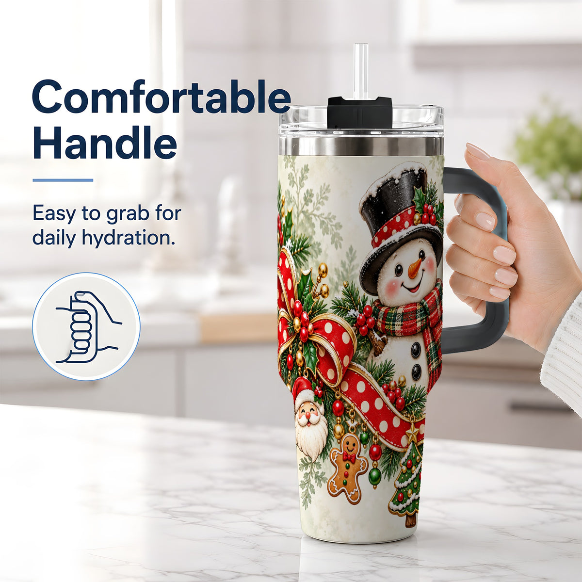 #pl[40oz|Black] Christmas Snowman Tumbler, 40oz Handled Stainless Steel Drinkware