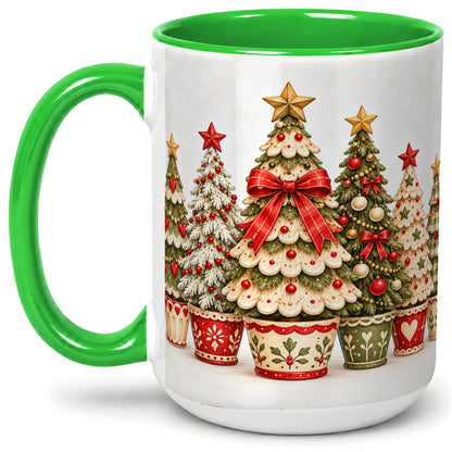 #pl[15oz|Green] Potted Christmas Trees Accent Mug, Ceramic Holiday Coffee Cup