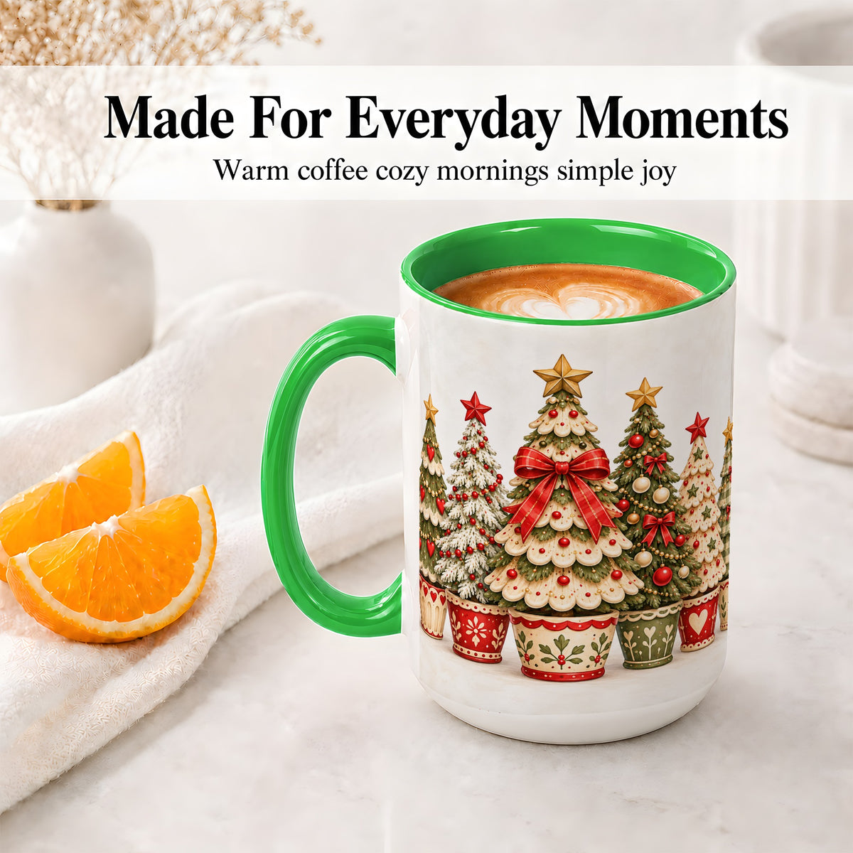 #pl[15oz|Green] Potted Christmas Trees Accent Mug, Ceramic Holiday Coffee Cup