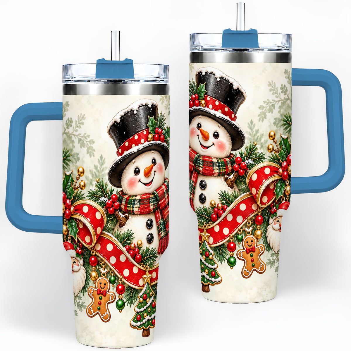 #pl[40oz|Blue] Christmas Snowman Tumbler, 40oz Handled Stainless Steel Drinkware