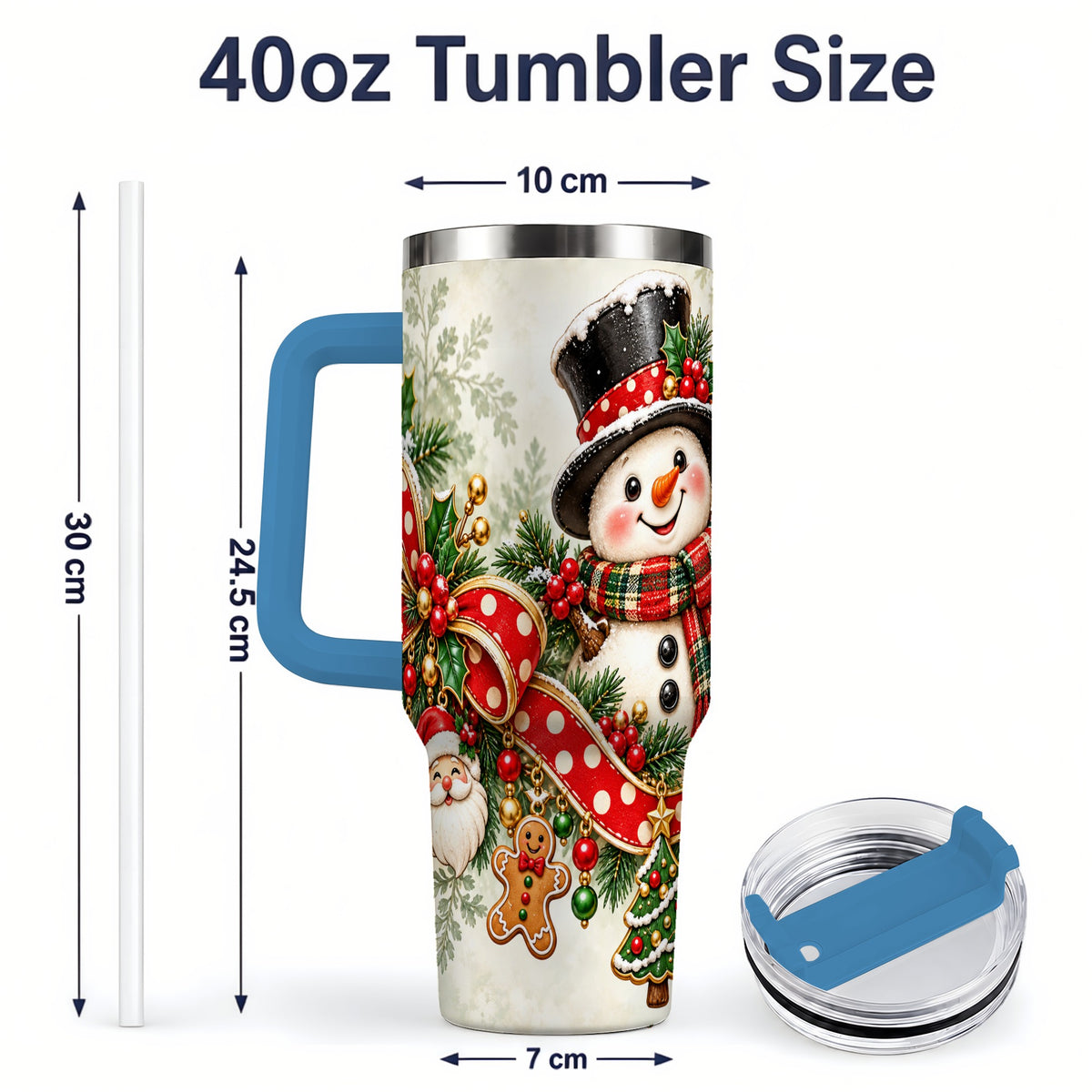 #pl[40oz|Blue] Christmas Snowman Tumbler, 40oz Handled Stainless Steel Drinkware