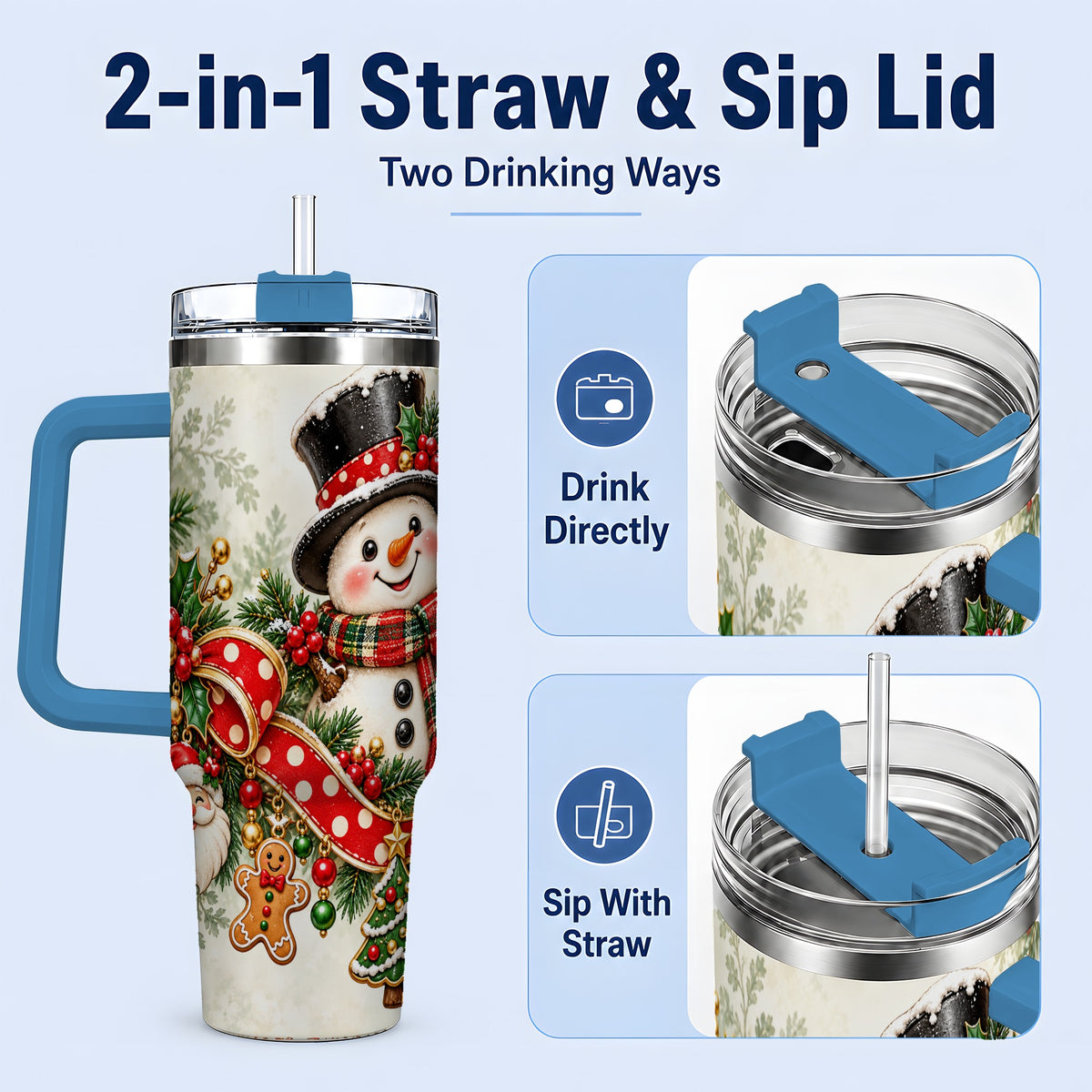 #pl[40oz|Blue] Christmas Snowman Tumbler, 40oz Handled Stainless Steel Drinkware