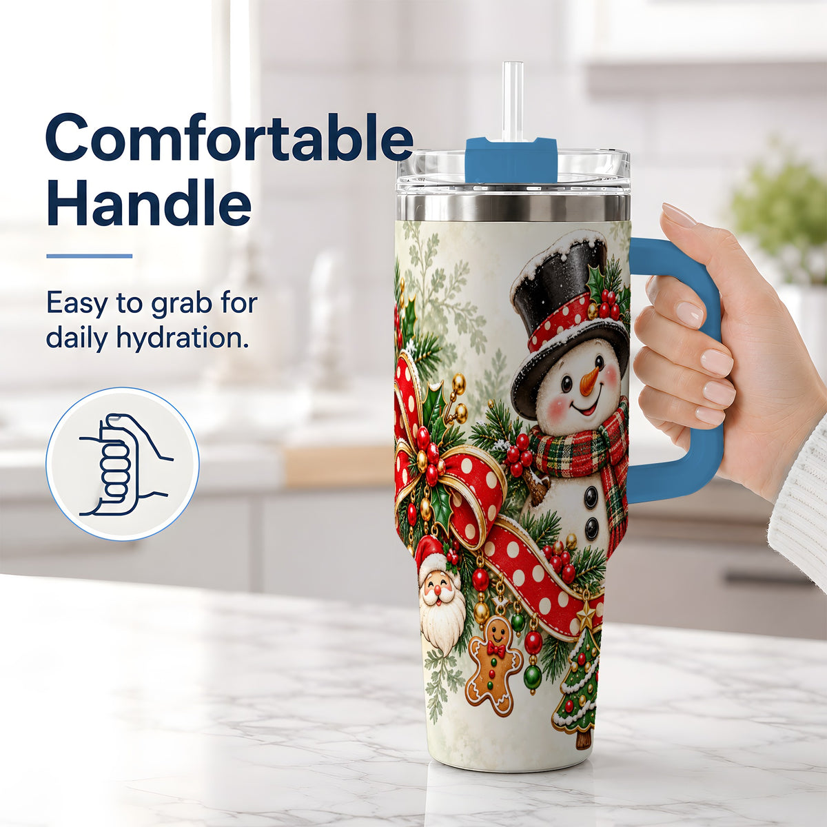 #pl[40oz|Blue] Christmas Snowman Tumbler, 40oz Handled Stainless Steel Drinkware
