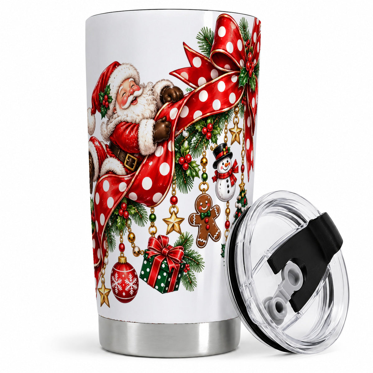 Santa Christmas Bow 20oz Tumbler, Red Polka Dot Holiday Design