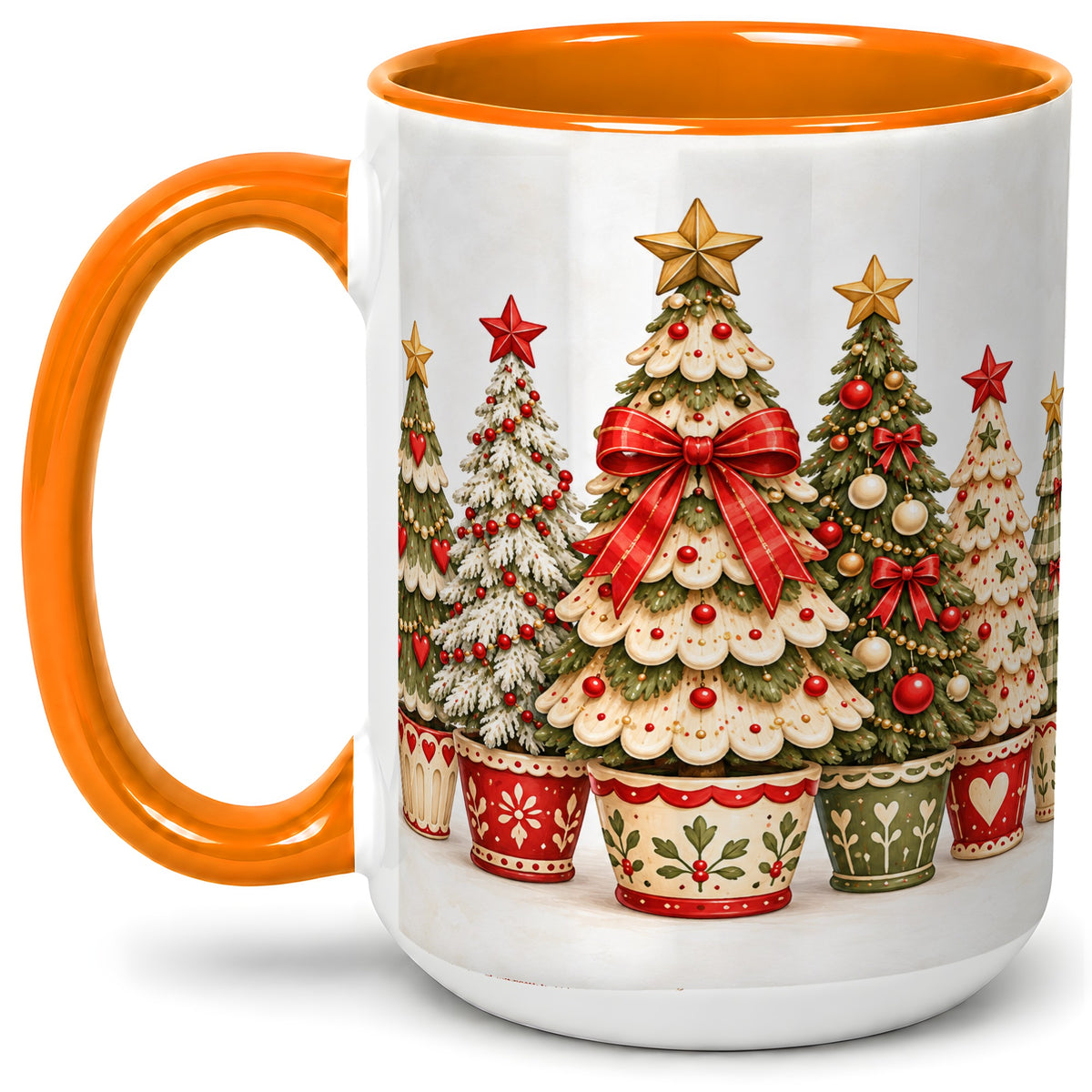 #pl[15oz|Orange] Potted Christmas Trees Accent Mug, Ceramic Holiday Coffee Cup