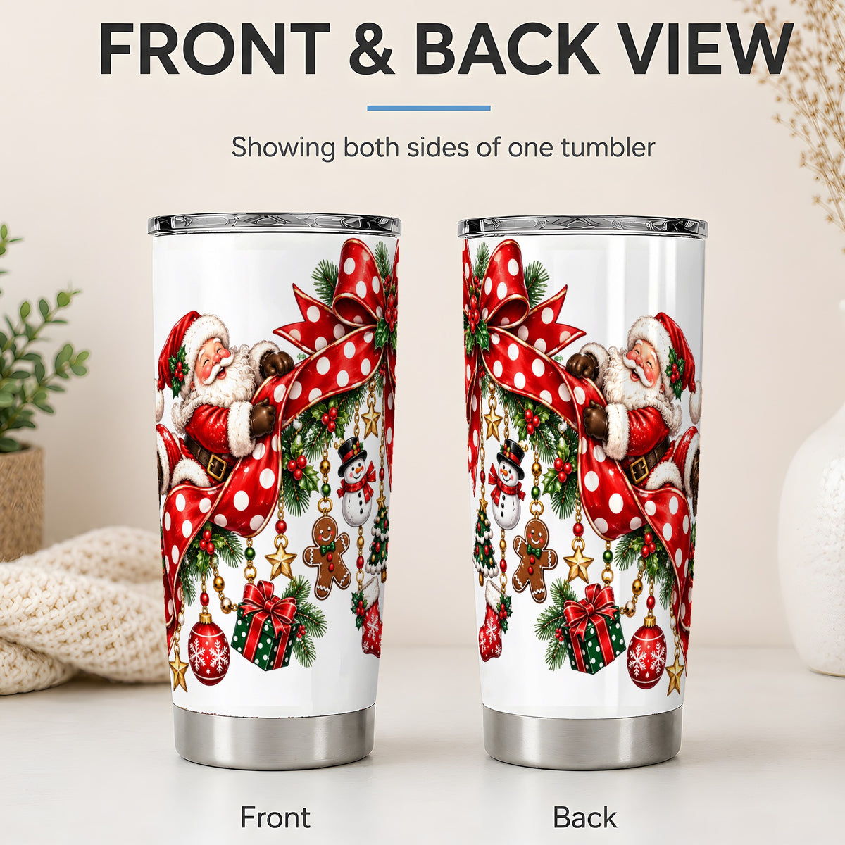 #pl[20oz|Steel] Santa Christmas Bow 20oz Tumbler, Red Polka Dot Holiday Design