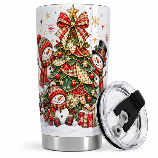Christmas Snowman Family 20oz Tumbler, Plaid Tree Holiday Artwork