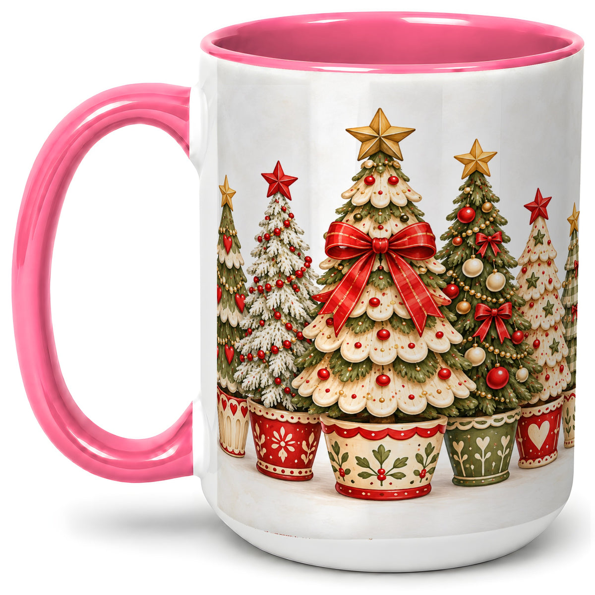 #pl[15oz|Pink] Potted Christmas Trees Accent Mug, Ceramic Holiday Coffee Cup