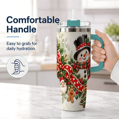 #pl[40oz|Green] Christmas Snowman Tumbler, 40oz Handled Stainless Steel Drinkware