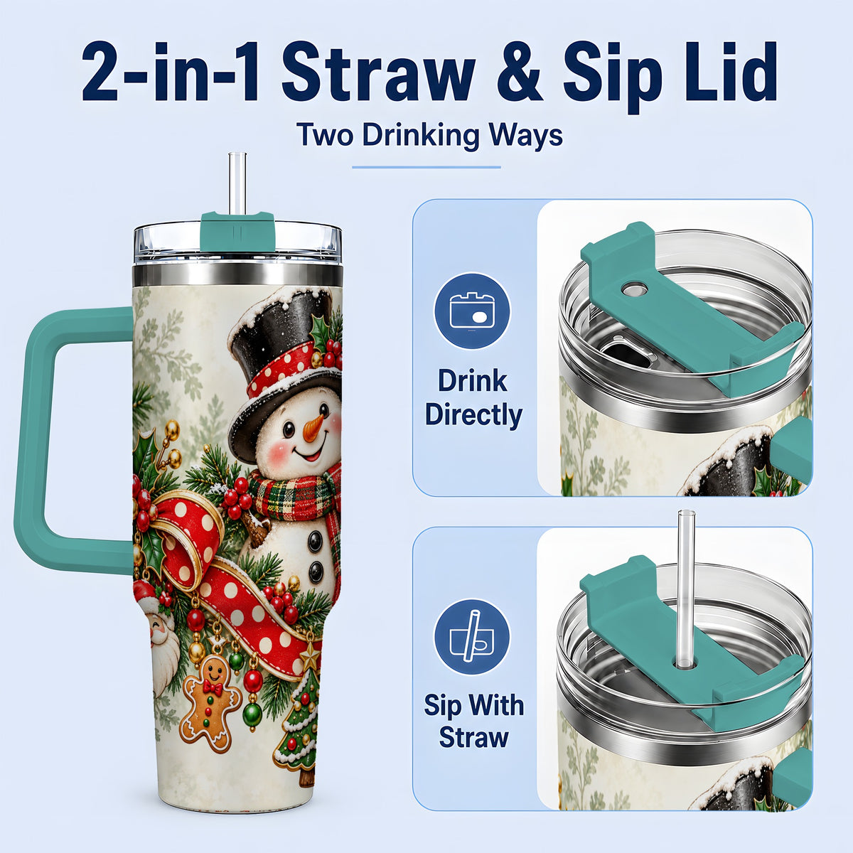 #pl[40oz|Green] Christmas Snowman Tumbler, 40oz Handled Stainless Steel Drinkware