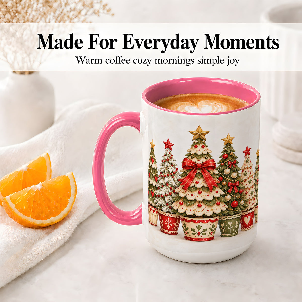 #pl[15oz|Pink] Potted Christmas Trees Accent Mug, Ceramic Holiday Coffee Cup