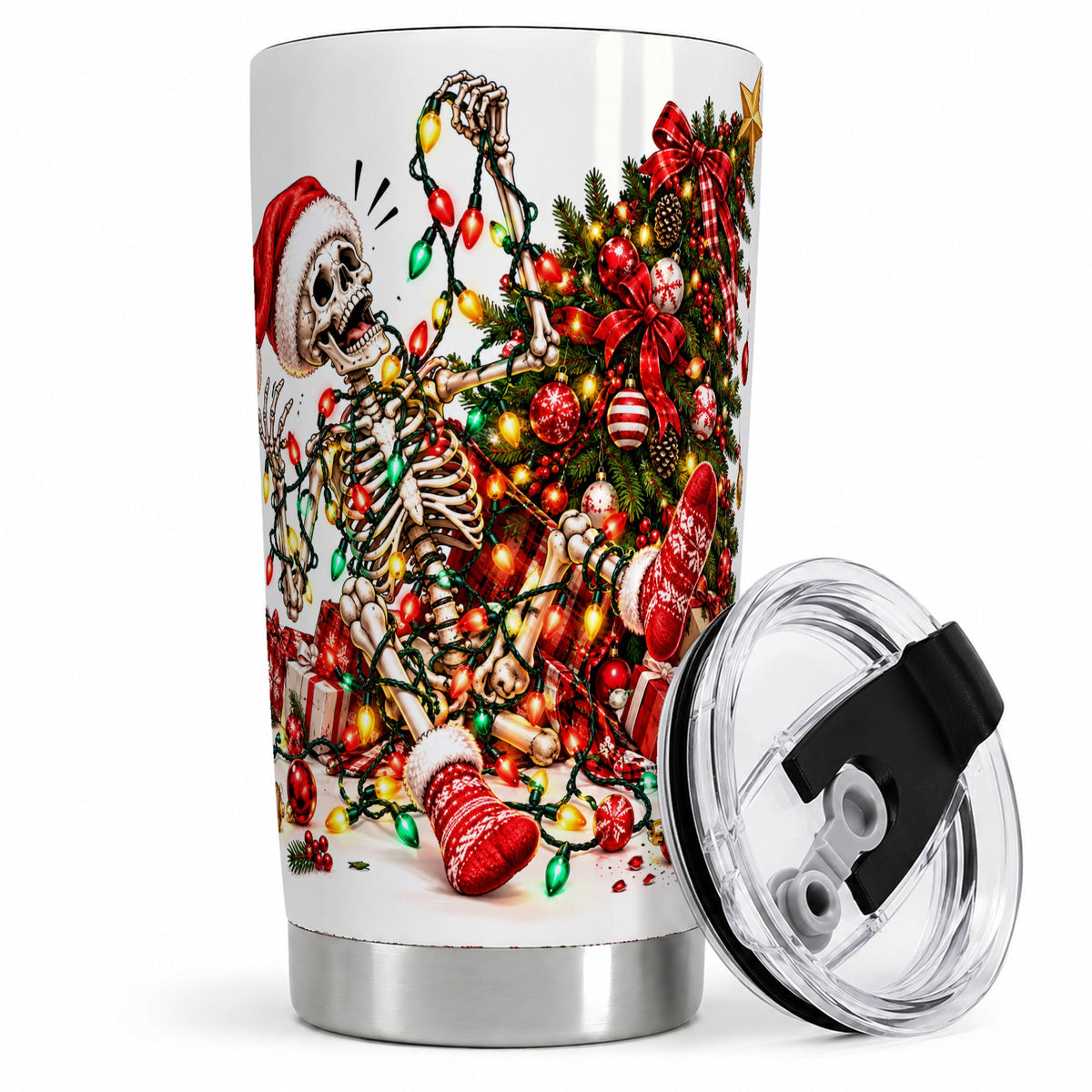 Funny Christmas Skeleton 20oz Tumbler, Tangled Holiday Lights Design
