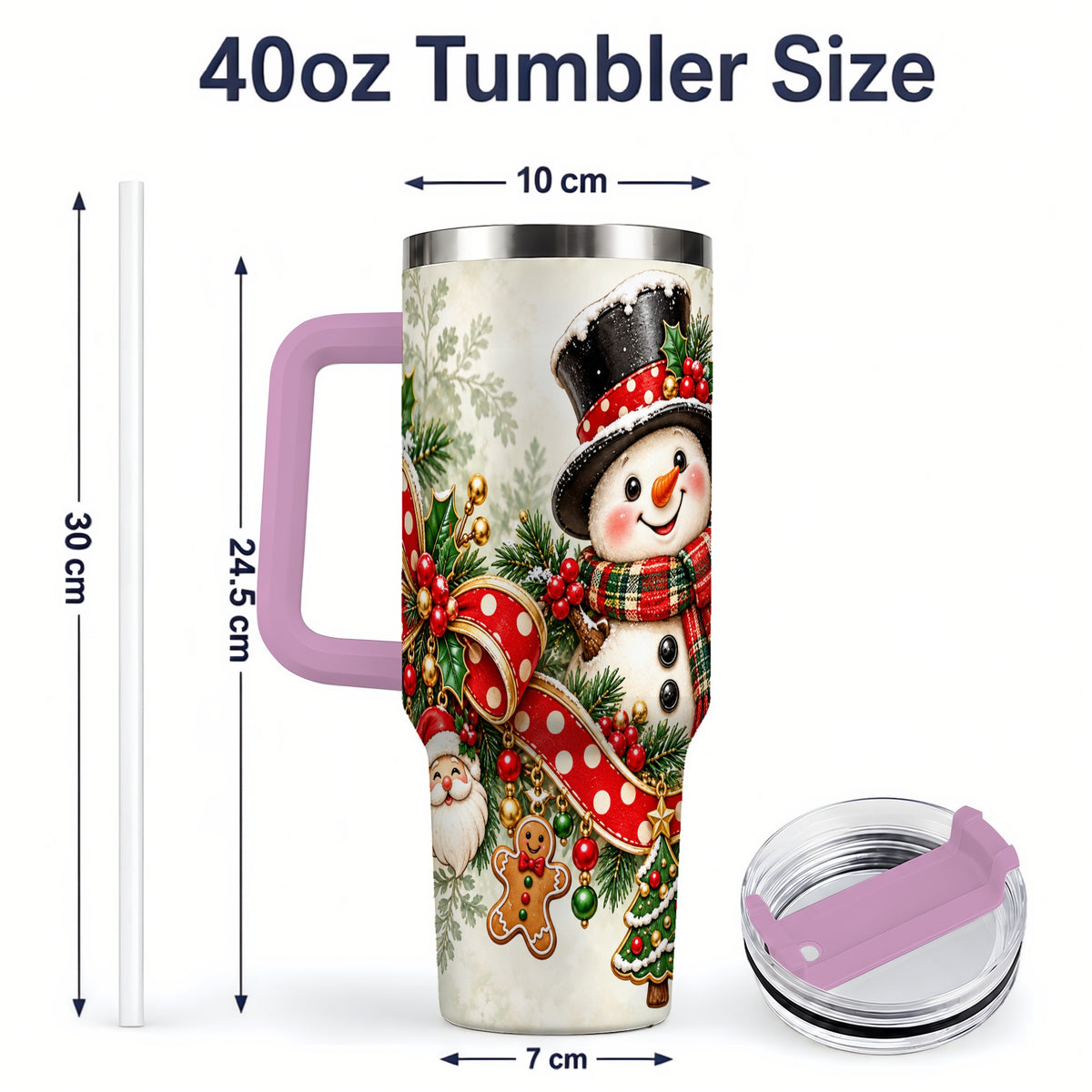 #pl[40oz|Pink] Christmas Snowman Tumbler, 40oz Handled Stainless Steel Drinkware