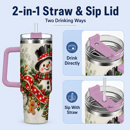 #pl[40oz|Pink] Christmas Snowman Tumbler, 40oz Handled Stainless Steel Drinkware