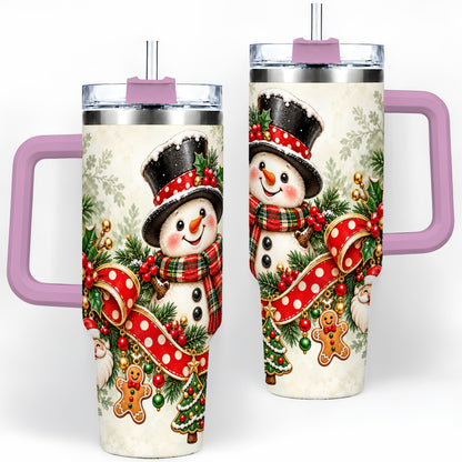 #pl[40oz|Pink] Christmas Snowman Tumbler, 40oz Handled Stainless Steel Drinkware