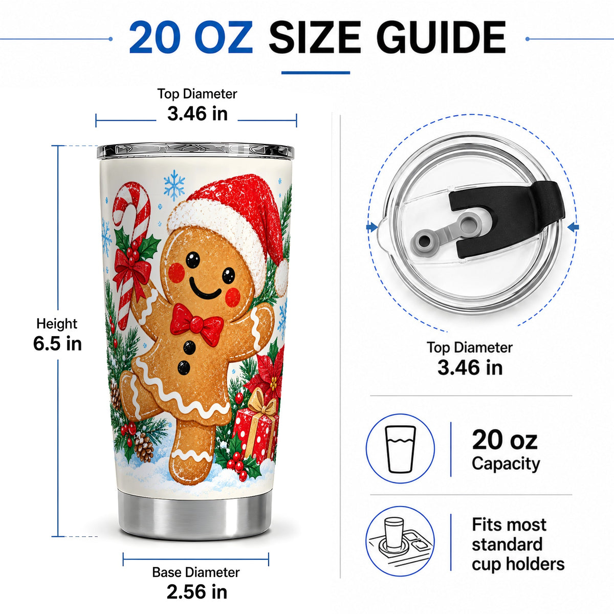 #pl[20oz|Steel] Christmas Gingerbread Man 20oz Tumbler, Cute Holiday Cookie Artwork